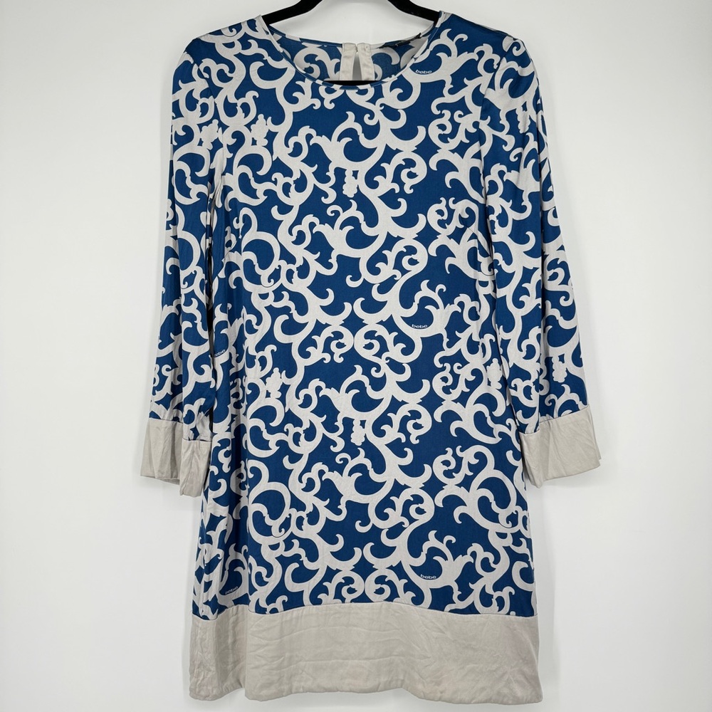 BEBE Silk Vine Print‎ Shift Dress Blue Gray M